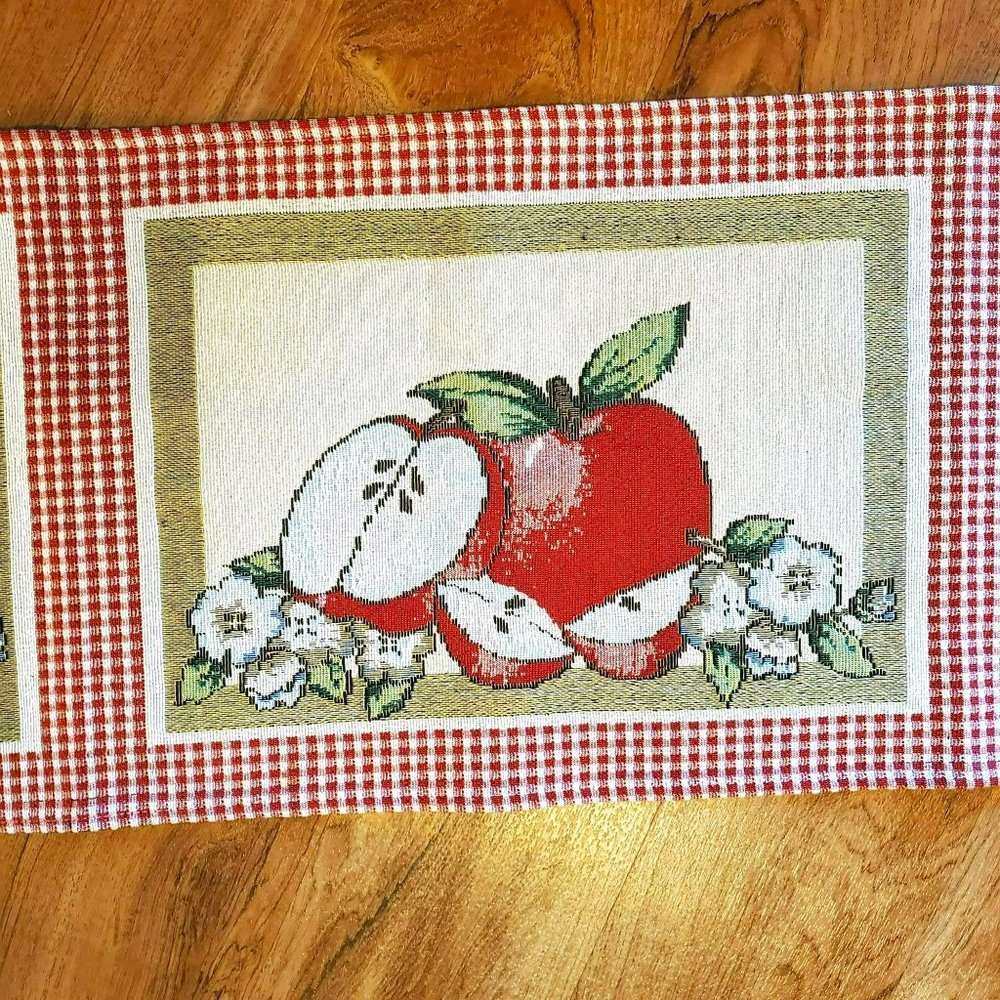 Tapestry Table Runner, Apple Design, Country Farmhouse Decor, Red Check Gingham